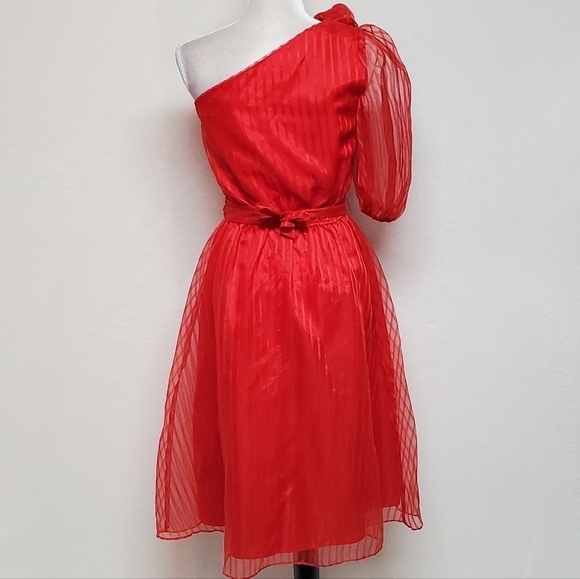 VINTAGE 1970s Shangri-La Red Pinstripe One-Shoulder Belted Midi Dress ILGWU - Picture 13 of 16